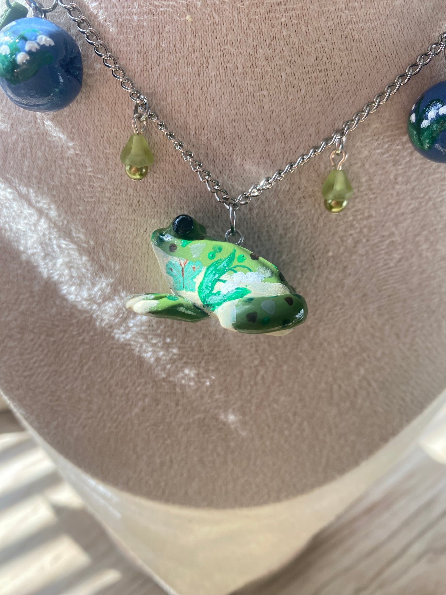 Painted clay frog necklace