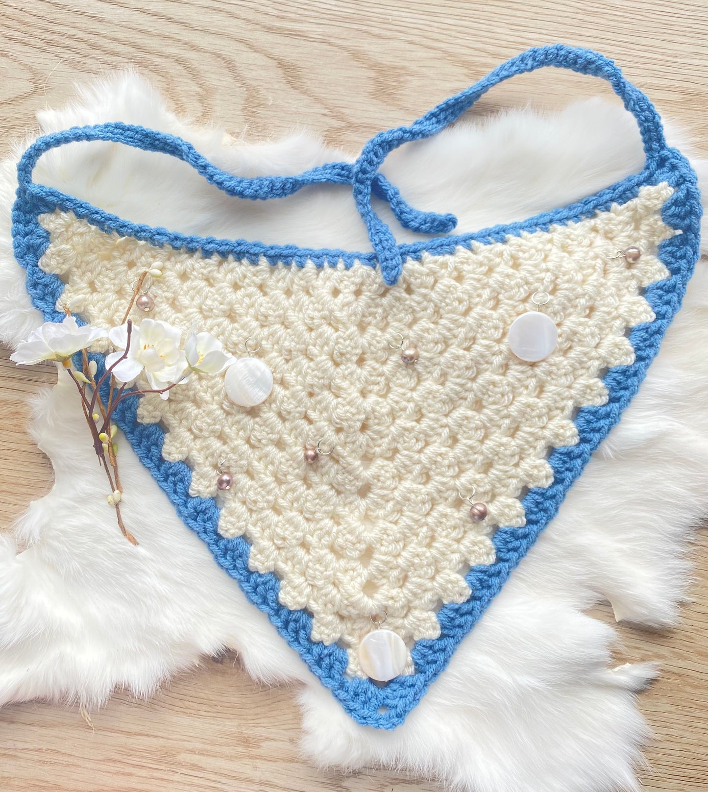 Cream and blue pearl bandana