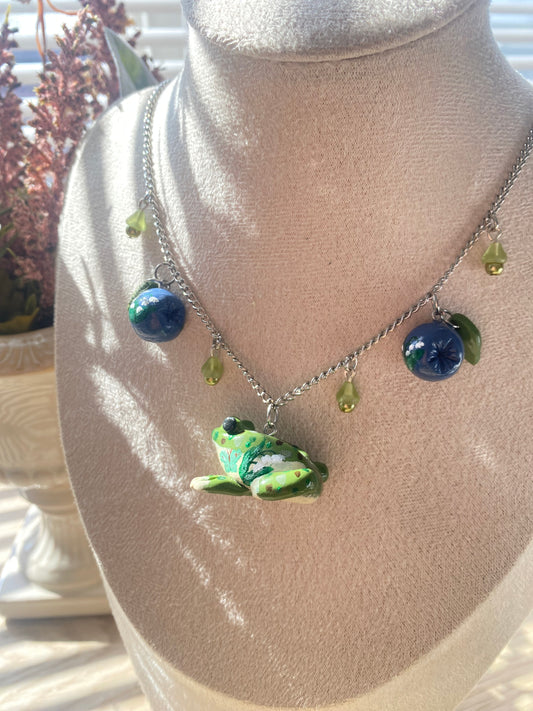 Painted clay frog necklace